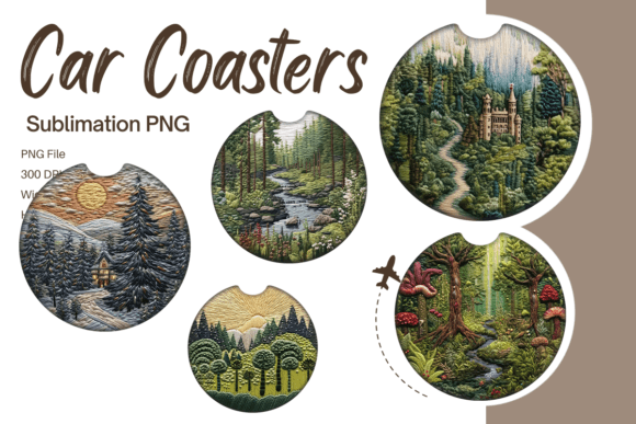 3D Forest Embroidery Car Coaster PNG for Graphics and Print Templates
