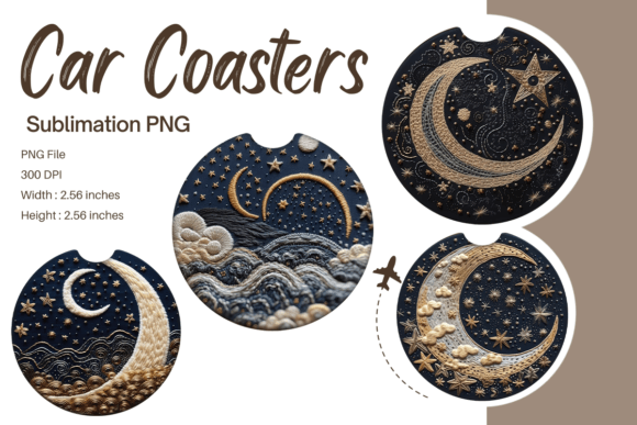 3D Moon Star Embroidery Car Coaster PNG for Graphics