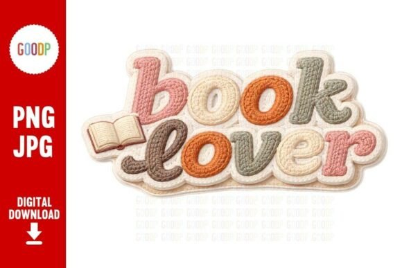 Book Lover Knit Embroidery Patch PNG for Graphics & Illustrations