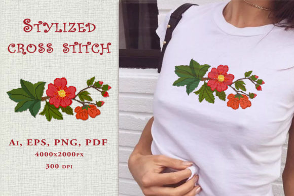 Country Rose. Stylized Cross Stitch: A Charming Graphic for Rustic Illustrations