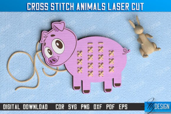 Cross Stitch Pig Montessori Lacing CNC for Laser Cutting