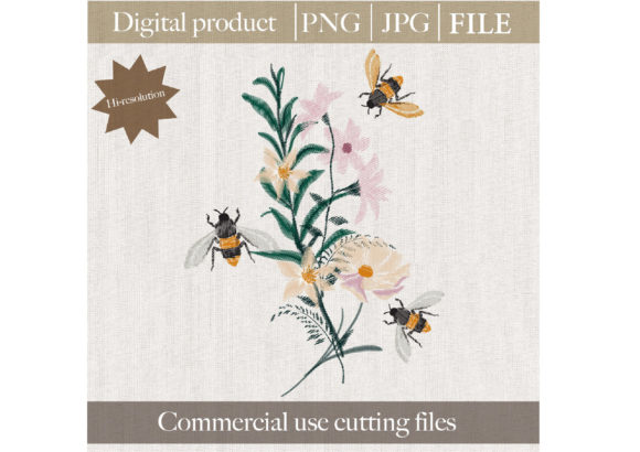 Embroidery Graphic Flower and Bees Png: A Charming Illustration for Design