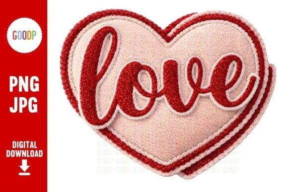Love Heart Chenille Embroidery Patch PNG for Graphics & Illustrations